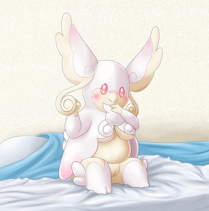 audino bed bed_sheet big_ears blush breasts female humanoid inside looking_at_viewer mega_audino mega_evolution nintendo nude ole on_bed pokemon pussy simple_background sitting smile solo video_games