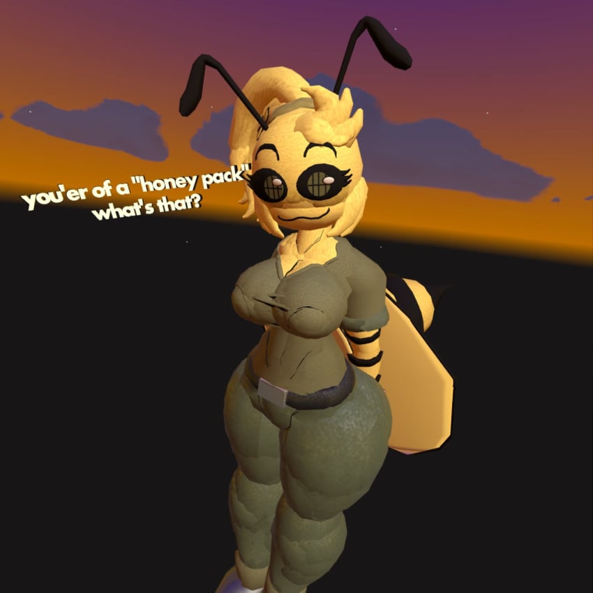 3d 3d_model bee_girl bweswees_bizznip cleavage_cutout colorbox_(mustard) green_pants meme rec_room recroom yellow_body yellow_fur