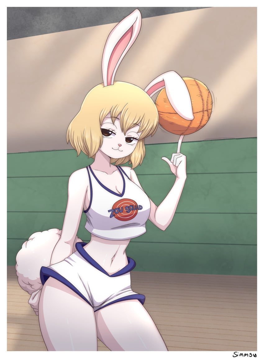 1girls 2021 2021s abs absurd_res anthro ball basketball_(ball) basketball_uniform belly_button blonde_female blonde_hair blonde_hair_female bottomwear breasts brown_eyes buckteeth carrot_(one_piece) cleavage clothed clothing cosplay cotton_tail crop_top crossover crossover_cosplay english_text female female_focus female_only fluffy fluffy_tail fur furry furry_female hair hi_res lagomorph leporid lola_bunny_(cosplay) looney_tunes midriff minkmen_(one_piece) navel one_piece shirt short_hair shorts simmsyboy space_jam sportswear tail teeth text text_on_clothing text_on_shirt text_on_tank_top text_on_topwear tune_squad_outfit_(1996) tunesquad uniform warner_brothers