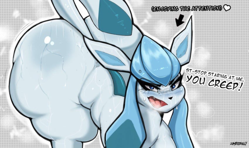 1girls annoyed aroused ass ass_bigger_than_head big_ass big_butt blue_eyes bodily_fluids bubble_butt curvaceous curvy curvy_figure dat_ass dialogue dumptruck_ass eeveelution female female_only feral generation_4_pokemon glaceon huge_ass huge_butt looking_at_viewer musk musk_clouds musky musky_butt nintendo pokemon pokemon_(species) secretly_loves_it slightly_chubby solo solo_female steam steaming_body steamy_breath sweat sweating sweaty sweaty_body sweaty_butt talking_to_viewer thick_thighs tsundere voluptuous voluptuous_female wide_hips zombiedolly