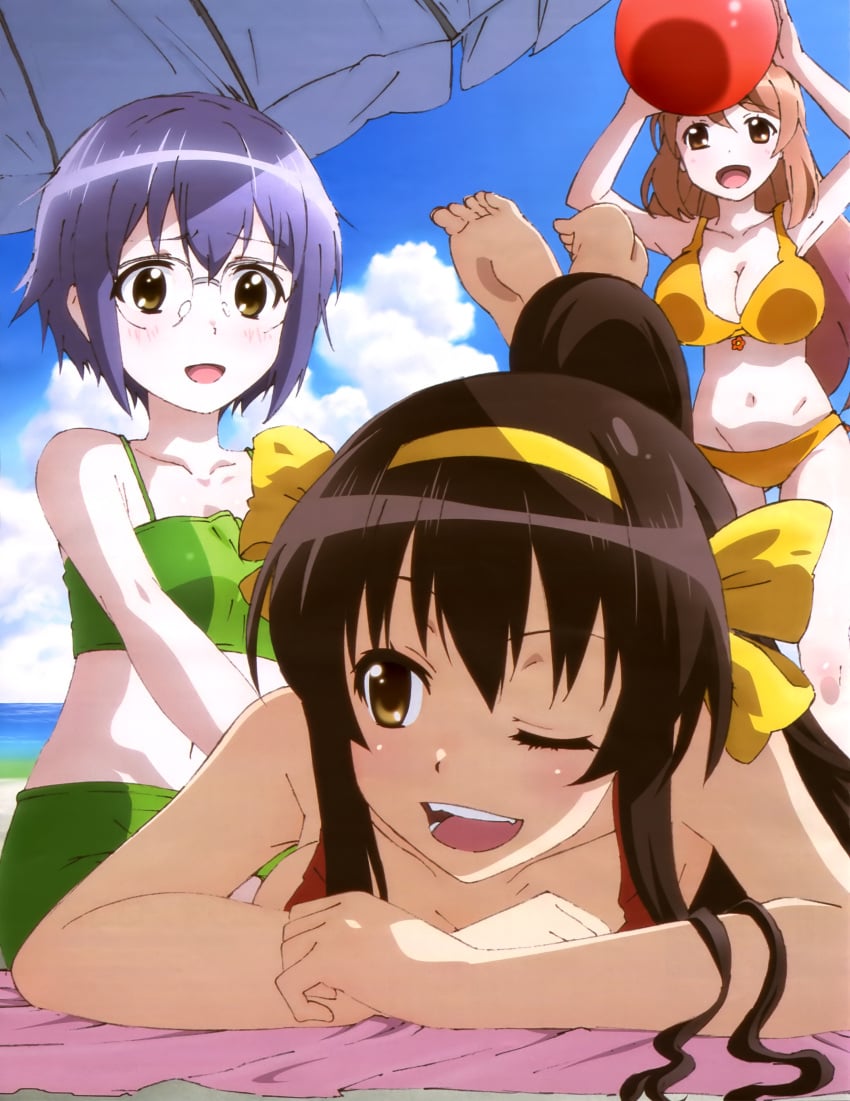 3girls :d ;d absurdres asahina_mikuru ball barefoot beach beach_umbrella beachball bikini blush breasts brown_eyes brown_hair cleavage cloud day feet foreshortening glasses green_bikini hair_ribbon hairband highres imageboard_desourced large_breasts long_hair lying multiple_girls nagato_yuki nagato_yuki-chan_no_shoushitsu navel non-web_source official_alternate_hair_length official_alternate_hairstyle official_art on_stomach one_eye_closed open_mouth orange_bikini outdoors ponytail purple_hair ribbon short_hair sidelocks sitting sky smile soles standing suzumiya_haruhi suzumiya_haruhi_no_shoushitsu suzumiya_haruhi_no_yuuutsu swimsuit teeth the_pose umbrella