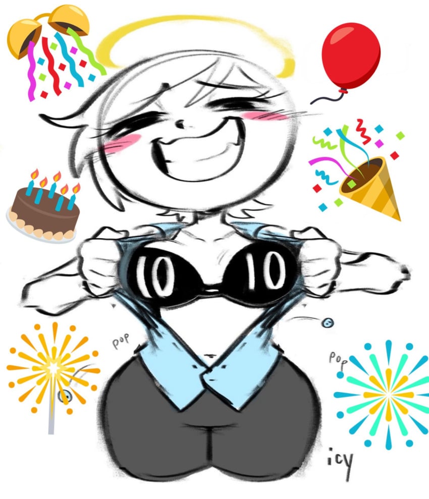 birthday black_bra bra breasts button_pop buttons female female_focus female_only halo iseenudepeople original original_character popped_button popped_buttons smile smiling spicysona teeth teeth_showing toothy_smile