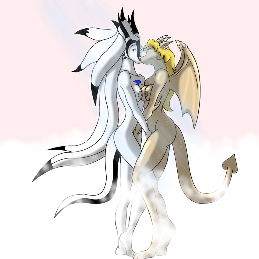 2010 amaranth anthro ass blonde_hair breasts closed_eyes dragon duo ear_piercing female fingering hair horn kissing kry nipples nude piercing plain_background scalie shower spade_tail standing steam thegeckodemon wet white_background white_hair wings yuri