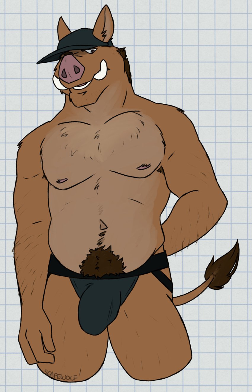 1boy 2024 anthro arm_hair armpit_hair belly biped black_clothing black_underwear blackgate_(game) body_hair brown_body brown_eyebrows brown_eyes brown_fur bulge checkered checkered_background clothed clothing detailed_bulge digital_drawing_(artwork) digital_media_(artwork) eyebrows fur genital_outline gruff_(blackgate) hand_behind_back happy_trail hat headgear headwear hi_res jockstrap looking_down male male_anthro male_only mammal multicolored_body navel nipples partially_clothed partially_clothed_male pattern_background penis_outline pink_nipples pink_nose portrait simple_background slightly_chubby slightly_chubby_anthro slightly_chubby_male solo standing suid suina sus_(pig) three-quarter_portrait tusks underwear unsafescapewolf white_background white_sclera wild_boar