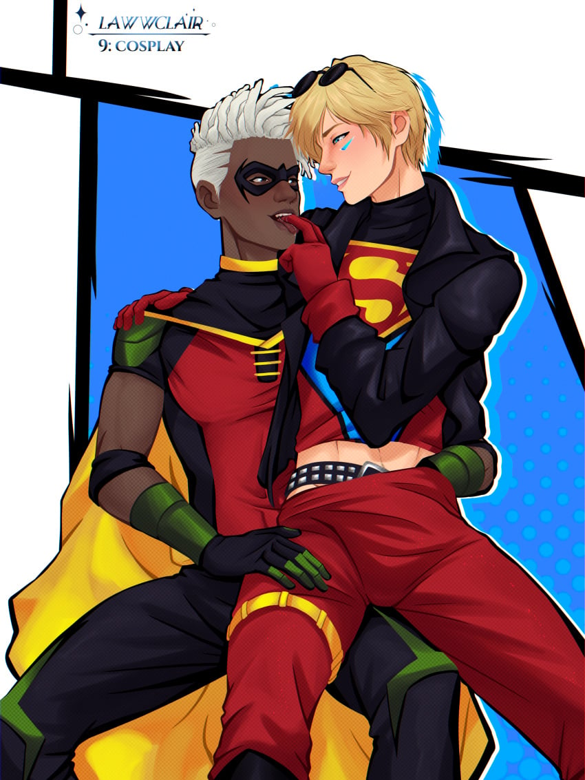 blonde_hair blue_eyes brown_eyes cosplay dark-skinned_male dark_skin dc dc_comics ekko ezreal gay glasses glasses_on_head gloves hand_in_panties hero jacket lawwclair league_of_legends league_of_legends:_wild_rift light-skinned_male light_skin male male_only mask masked masked_male robin_(dc) robin_(dc)_(cosplay) sitting_on_lap sitting_on_person superboy superboy_(cosplay) superhero superhero_costume white_hair