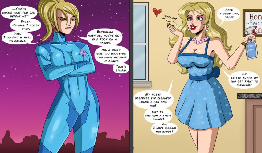 1girls before_and_after blonde_hair cleavage domestication dress english_text housewife in_space_no_one_can_hear_you_clean metroid nintendo pearl_necklace personality_change polmanning samus_aran stepfordization text