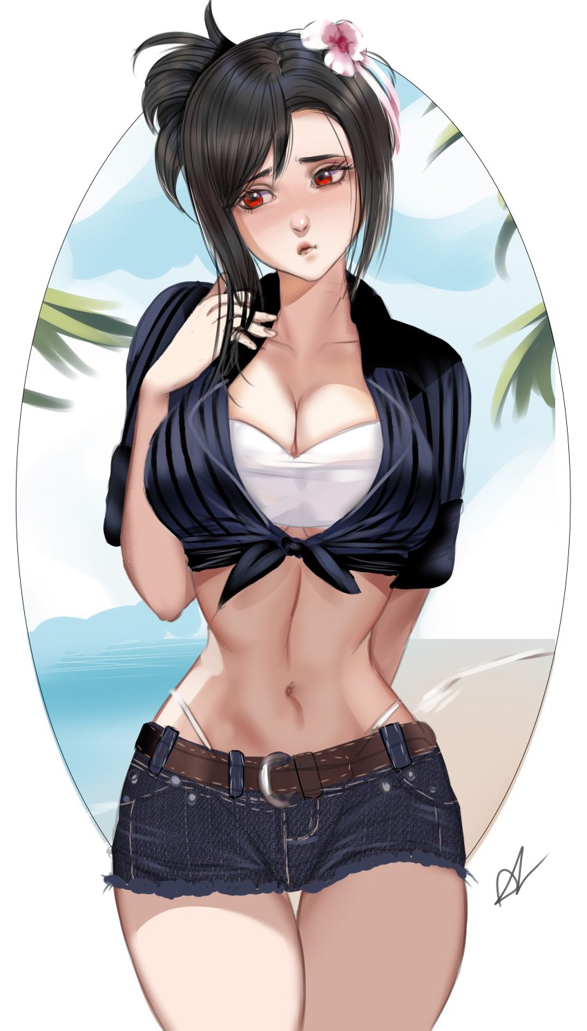 1girls arialla_draws beach belt big_breasts black_hair breasts cleavage cutoffs female final_fantasy final_fantasy_vii final_fantasy_vii_remake flower flower_in_hair hi_res navel ponytail pout red_eyes shorts solo tied_shirt tifa_lockhart tifa_lockhart_(shining_spirit) tubetop