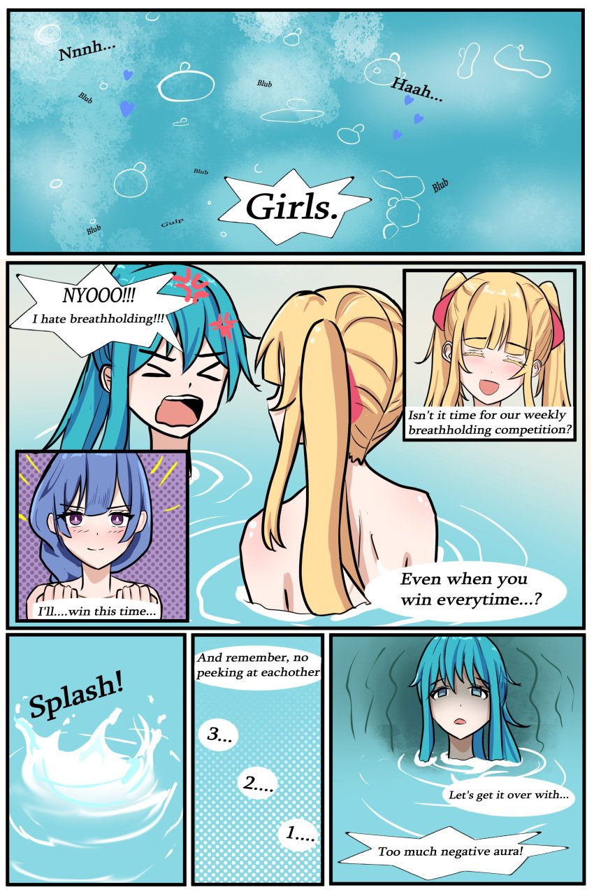 3girls blue_hair marima666_(artist) pointy_chin tagme water