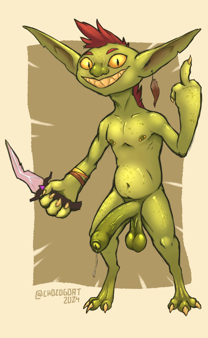 1boy absurd_res anthro balls beer_belly big_penis bodily_fluids chozogoat claws dagger digitigrade dripping ear_piercing feather_ear_ring foreskin freckles genital_fluids genitals gesture glistening glistening_body goblin goblin_male green_body green_skin hair hand_gesture hi_res holding_object holding_weapon humanoid_genitalia leaking_precum long_ears looking_at_viewer male male_only melee_weapon middle_finger nipple_piercing nipples no_sclera nude oiled_body penis piercing precum precum_drip pupils red_hair saggy_balls scrimby_(chozogoat) slit_pupils solo solo_male toothy_smile weapon wristband yellow_eyes