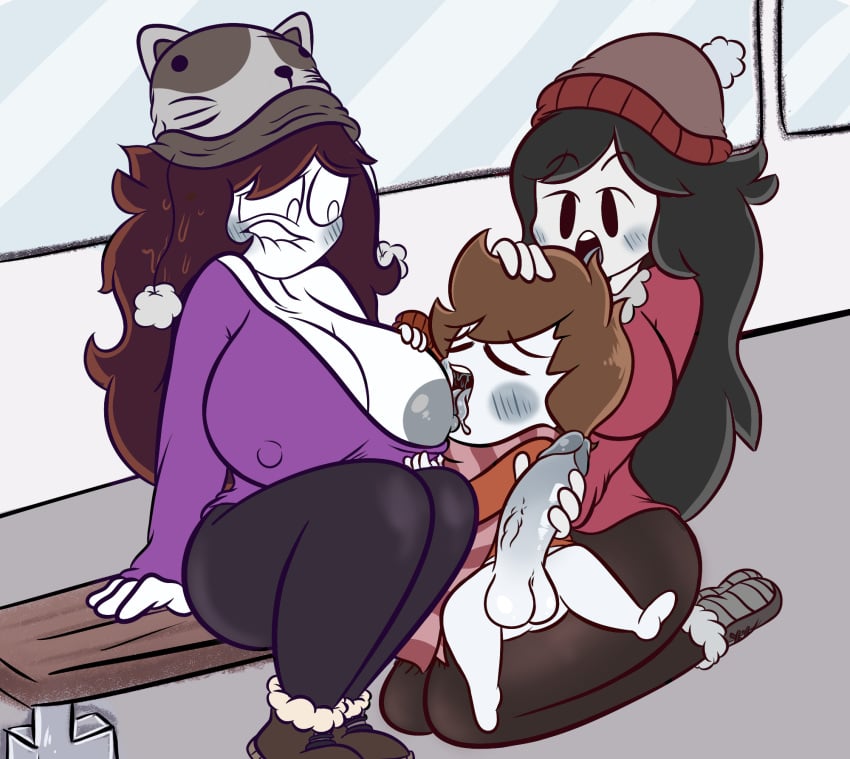 1boy 2girls areolae big_areola big_breasts big_penis breasts dourlycare_(artist) hand_on_head handjob hat holding_breast jaiden jaiden_animations jaidens_mom large_areolae large_breasts larger_female leggings milf nursing_handjob penis scarf scarf_boy sitting_on_lap size_difference smaller_male tongue tongue_out youtube youtuber