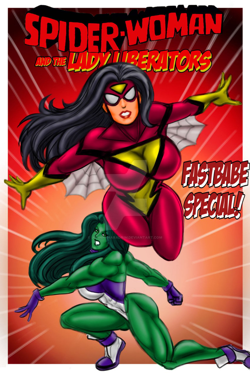 ass_focus black_hair gloves green_hair green_skin jennifer_walters jessica_drew johnnyharadrim large_ass marvel marvel_comics mask muscular muscular_female mutate_(marvel) red_suit she-hulk spider-woman superhero_costume superheroine