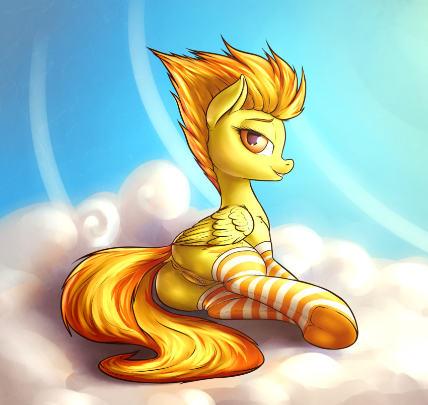 2014 anus clothing cutie_mark equine female feral friendship_is_magic fshydale fur hair looking_at_viewer mammal my_little_pony orange_hair outside pegasus pussy quadruped socks solo spitfire_(mlp) striped striped_legwear wings wonderbolts_(mlp) yellow_fur