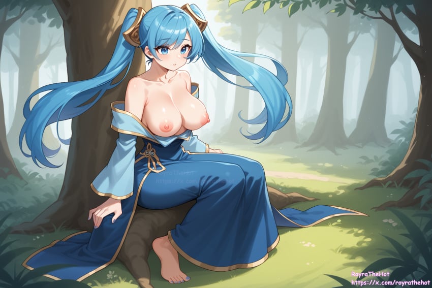 ai_generated blue_eyes blue_hair breasts breasts_out forest large_breasts league_of_legends riot_games royrathehot sona_buvelle