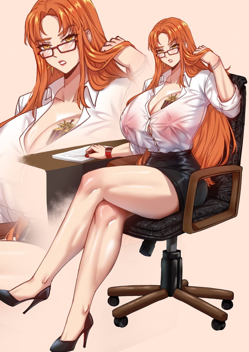 1girls breast_tattoo breasts female female_only huge_breasts human large_breasts league_of_legends leona_(league_of_legends) nipples nipples_visible_through_clothing office_lady riot_games ryuukusnpaiarts solo solo_female tattoo voluptuous