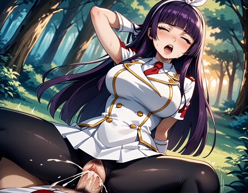 ai_generated blush closed_eyes clothed_sex cum_in_pussy cum_inside drool fairy_tail kagura_mikazuchi moaning orgasm outdoor_sex pantyhose payop pony_diffusion_xl spread_legs uniform vaginal_penetration vaginal_sex