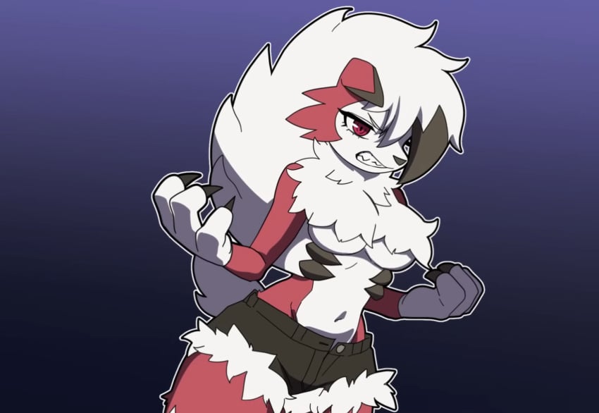 breasts clawed_fingers claws claws_out hakkimanime jean_shorts large_thighs lycanroc lycanroc_midnight midnight_lycanroc pokemon pokemon_(species) red_eyes red_fur sharp_claws sharp_fingernails sharp_nails sharp_teeth shorts underboob white_fur white_paws wolf