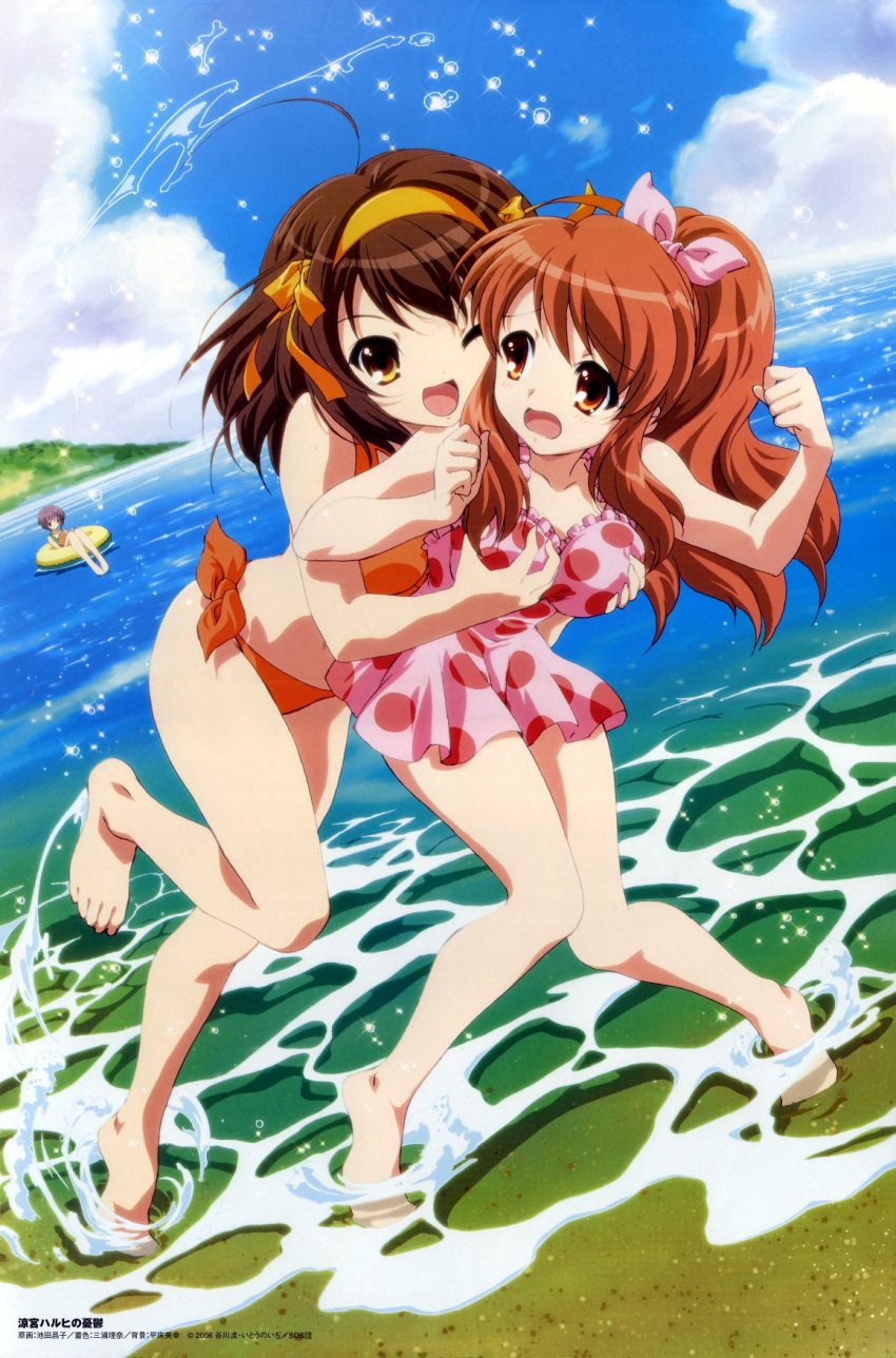 3girls ahoge asahina_mikuru barefoot beach bikini blush bow breasts brown_hair comp_h's day feet glomp grabbing_another's_breast groping hair_ornament hairband hairbow highres hug ikeda_shouko legs long_hair medium_breasts multiple_girls nagato_yuki ocean official_art one_eye_closed open_mouth orange_hair outdoors pink_bow polka_dot polka_dot_swimsuit ponytail purple_hair ribbon short_hair suzumiya_haruhi suzumiya_haruhi_no_yuuutsu swimsuit toes very_long_hair yuri