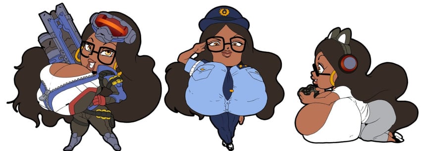 3girls big_breasts caricature chibi cosplay dark-skinned_female gaming glasses himiwako huge_breasts macromastia massive_breasts necklace nose_piercing nose_ring portrait streamer