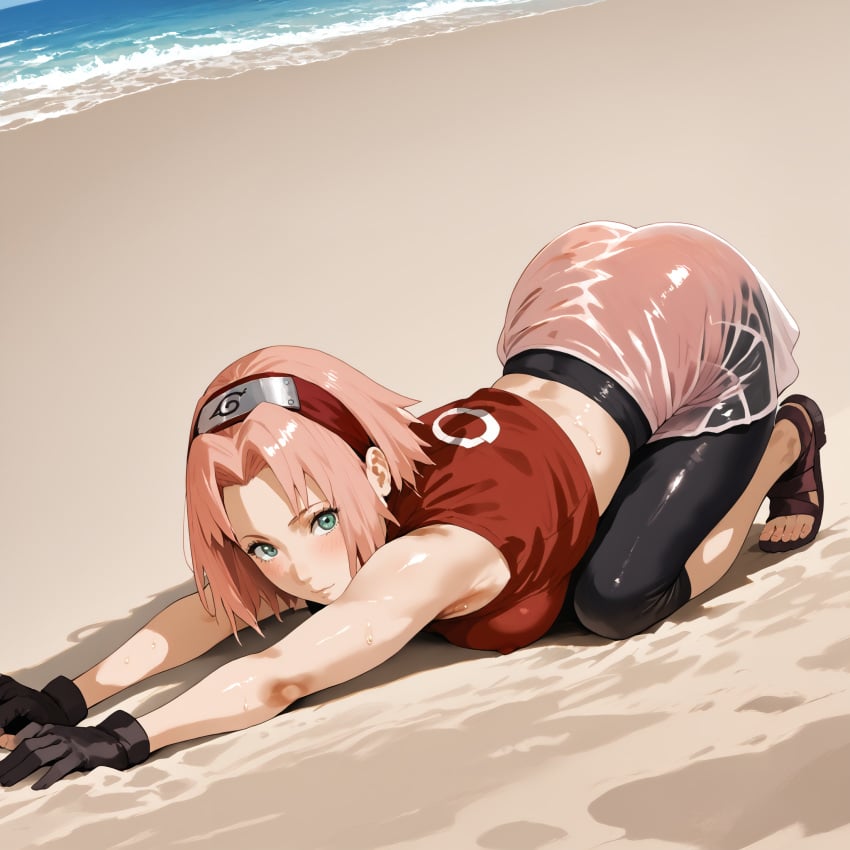 1girls ai_generated arched_back armpit armpits back back_arch black_shorts breasts cat_pose covered_nipples elbows female female_only gloves green_eyes human krispykenny kunoichi naruto naruto_(classic) naruto_(series) naruto_shippuden ninja nipple_bulge pink_hair pose posing pressing_breasts sakura_haruno sandals shorts shoulders sleeveless sleeveless_shirt solo transparent transparent_clothing wet