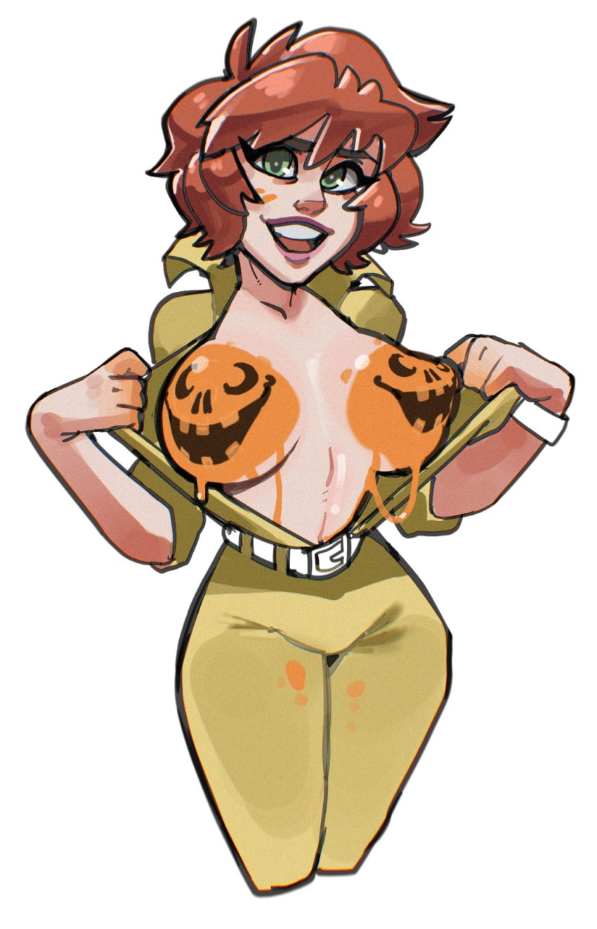 april_o'neil april_o'neil_(tmnt_1987) big_breasts green_eyes halloween large_breasts mature_female painted_breasts solo solo_female teenage_mutant_ninja_turtles