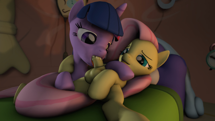 2014 3d animal_genitalia bed dickgirl duo equine fellatio female feral fluttershy_(mlp) friendship_is_magic fruitymilk hair horn horse intersex long_hair lying mammal my_little_pony nude on_back oral pegasus penis pony sex source_filmmaker tongue twilight_sparkle_(mlp) unicorn wings