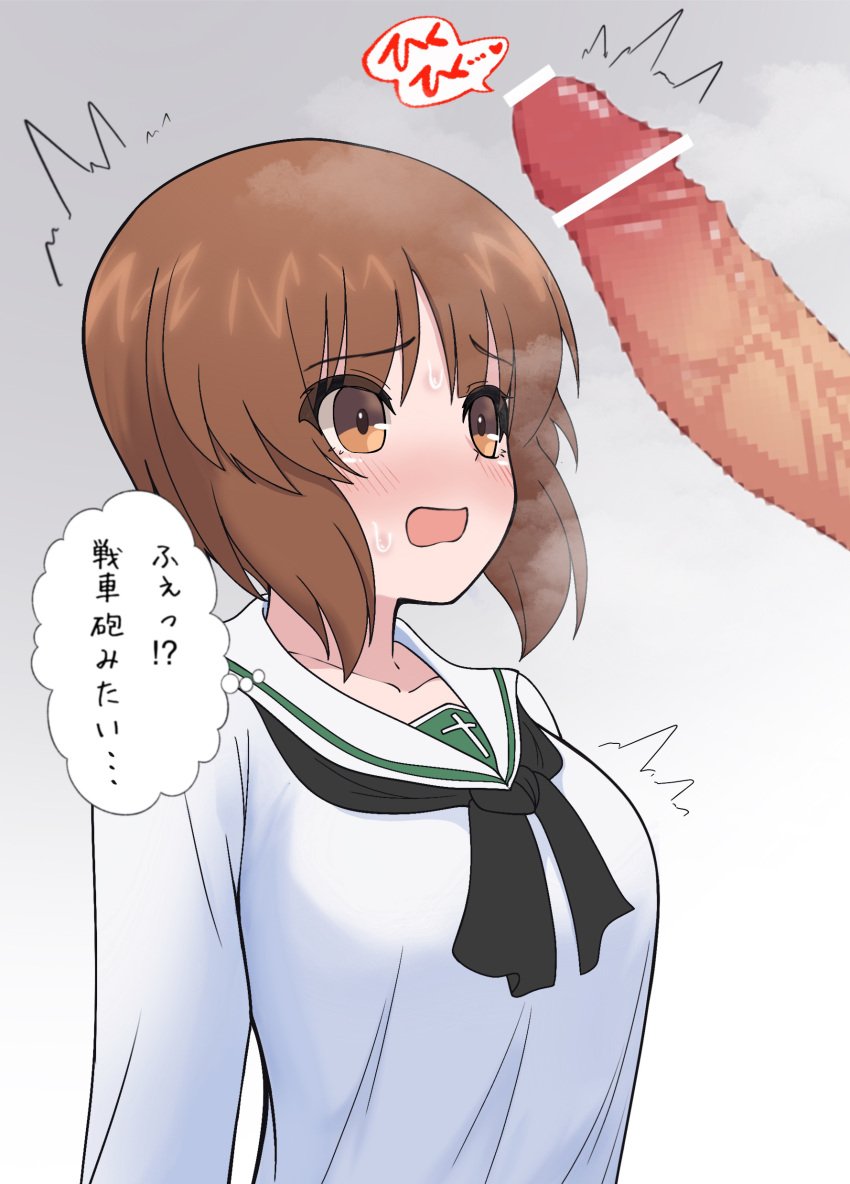 1boy arararajru36 blush breasts brown_eyes brown_hair censored erection female girls_und_panzer large_breasts looking_at_penis nishizumi_miho ooarai_school_uniform open_mouth penis penis_awe sweat translation_request