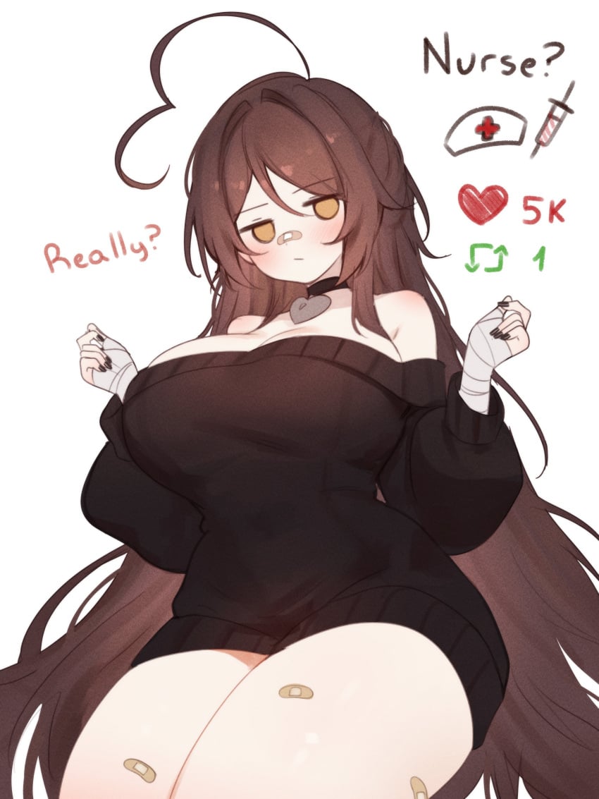 1girls ? bandage belly_button black_hoodie black_panties blush brown_hair female_only long_hair panties plaster sky_(skyaboveme) skyaboveme smile solo solo_focus stomach sweater thighs thighs_together virtual_youtuber white_background