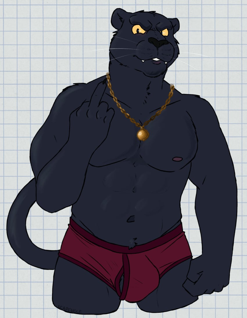 2024 abs angry anthro balls barely_visible_balls barely_visible_genitalia biped black_body black_claws black_eyes black_fur black_nose briefs briefs_only bulge burrows_(captain_nikko) checkered checkered_background claws clothed clothing digital_drawing_(artwork) digital_media_(artwork) felid feline fist fur genitals gesture hand_gesture hi_res jewelry ken_(captain_nikko) long_tail looking_at_viewer male male_anthro mammal middle_finger muscular muscular_male navel necklace nipples pantherine partially_clothed partially_clothed_male pattern_background pecs peeking_balls pink_nipples portrait red_briefs red_clothing red_underwear simple_background solo standing tail three-quarter_portrait topless topless_male underwear underwear_only unsafescapewolf whiskers white_background yellow_sclera