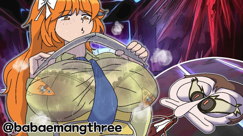 bemang bra huge_breasts ishmael_(limbus_company) limbus_company literature massive_breasts project_moon public_domain red_hair see-through_clothing squidward_tentacles wet_clothes