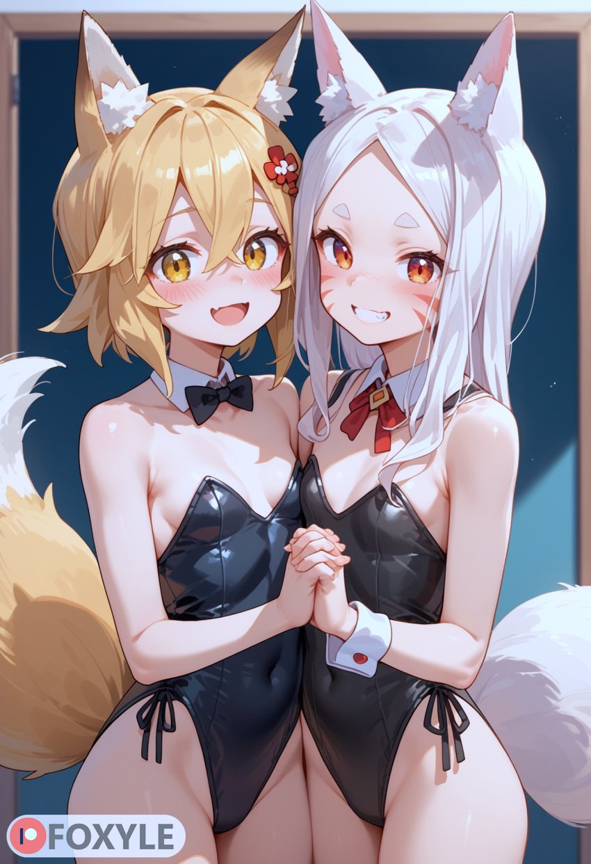 2girls ai_generated bunnysuit female fox_ears fox_girl fox_tail foxyle happy kitsune looking_at_viewer red_eyes senko_(sewayaki_kitsune_no_senko-san) sewayaki_kitsune_no_senko-san shiro_(sewayaki_kitsune_no_senko-san) small_breasts white_hair yellow_eyes yellow_hair