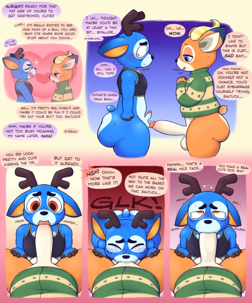 animal_crossing antelope anthro antlers ass ball_size_difference balls bam_(animal_crossing) beau_(animal_crossing) big_balls big_butt big_penis blue_body blue_eyes blue_fur blush bodily_fluids bottomless bovid clothed clothing colored deep_throat deer dialogue digital_drawing_(artwork) digital_media_(artwork) duo fellatio fellatio_pov first_person_view freckles fur genitals glk heart_symbol hi_res horn humiliation laugh male male/male mammal nintendo oral oral_penetration orange_body orange_fur penetration penile penis penis_humiliation penis_size_difference red_eyes seeing_stars sex simple_background small_balls small_penis small_penis_humiliation sweat sweater tail tears text thick_thighs topwear whining zlut385