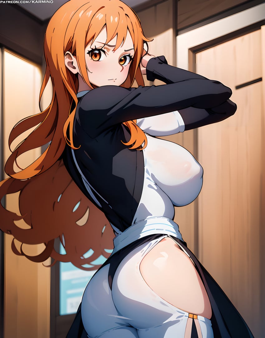 ai_generated arms_up ass bangs blush booty breasts brown_eyes closed_mouth clothing dress female female_only from_behind indoors large_breasts long_hair long_sleeves looking_at_viewer looking_back nami_(one_piece) one_piece orange_eyes orange_hair pants shiny shirt sideboob skindentation solo standing thick_thighs thighs white_dress