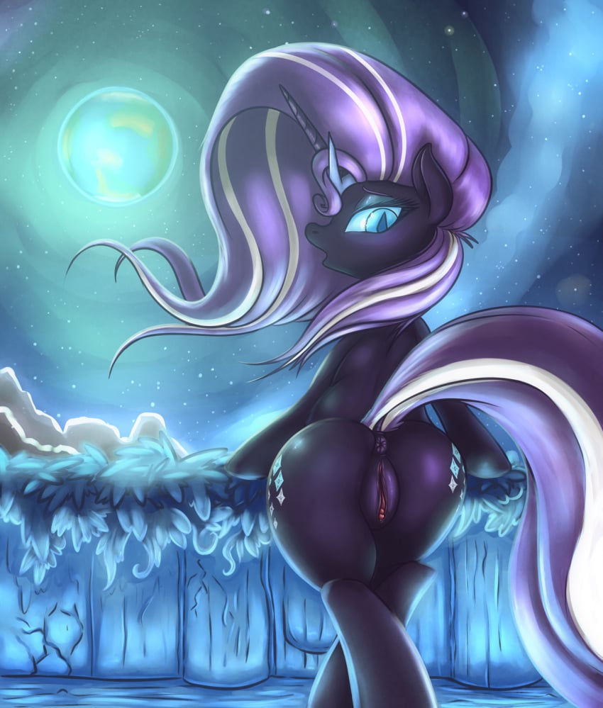 2014 anus ass blue_eyes cutie_mark equine female friendship_is_magic fshydale hair horn long_hair looking_back mammal moon my_little_pony nightmare_rarity outside pussy rarity_(mlp) rear_view solo straight_hair two_tone_hair unicorn