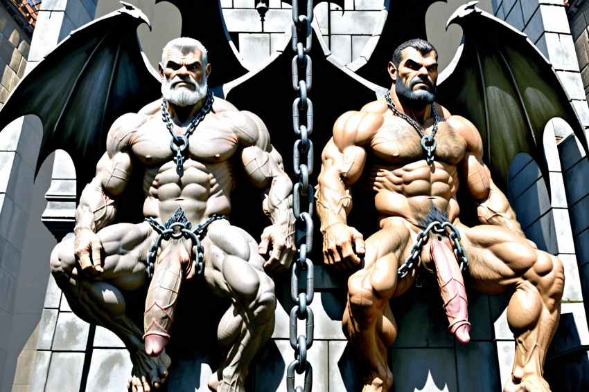 beard black_hair chains gargoyles grey_hair large_penis_veins male_only muscles pubic_hair