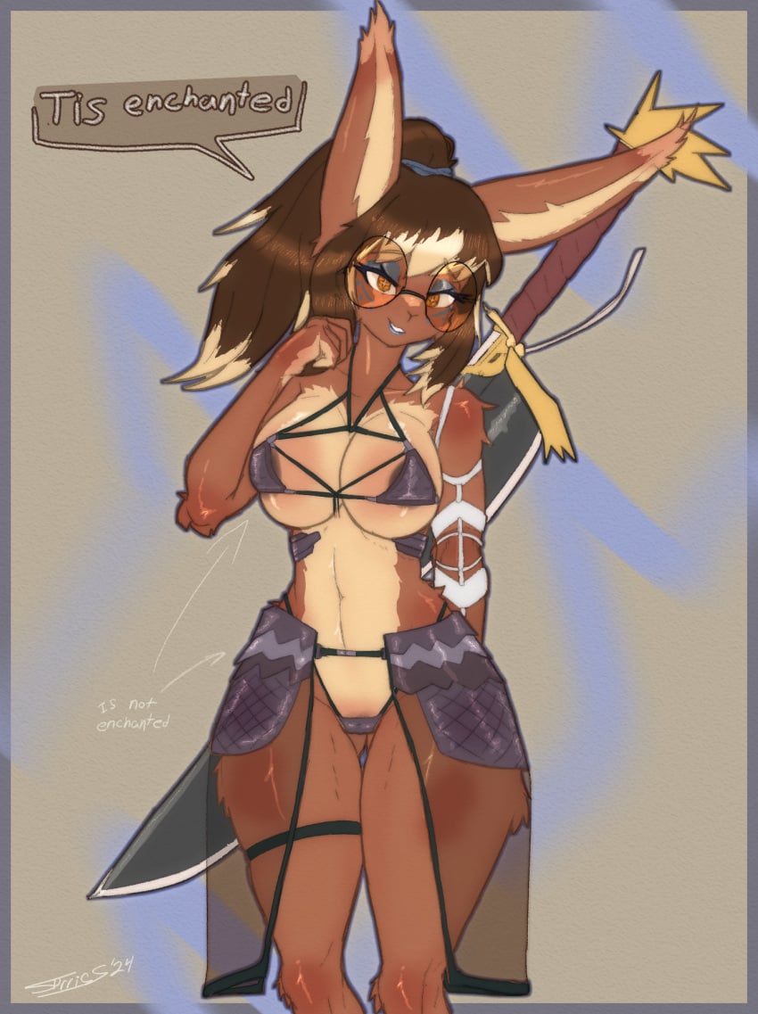 adventurer anthro areola armor big_breasts bikini bikini_armor breasts clothed clothing digital_media_(artwork) english_text eyewear female fur glasses hair hi_res huge_breasts lagomorph leporid lipstick looking_at_viewer makeup mammal melee_weapon navel okali rabbit simple_background smile solo sprrigs- swimwear sword text two-piece_swimsuit unconvincing_armor warrior weapon wearing_glasses