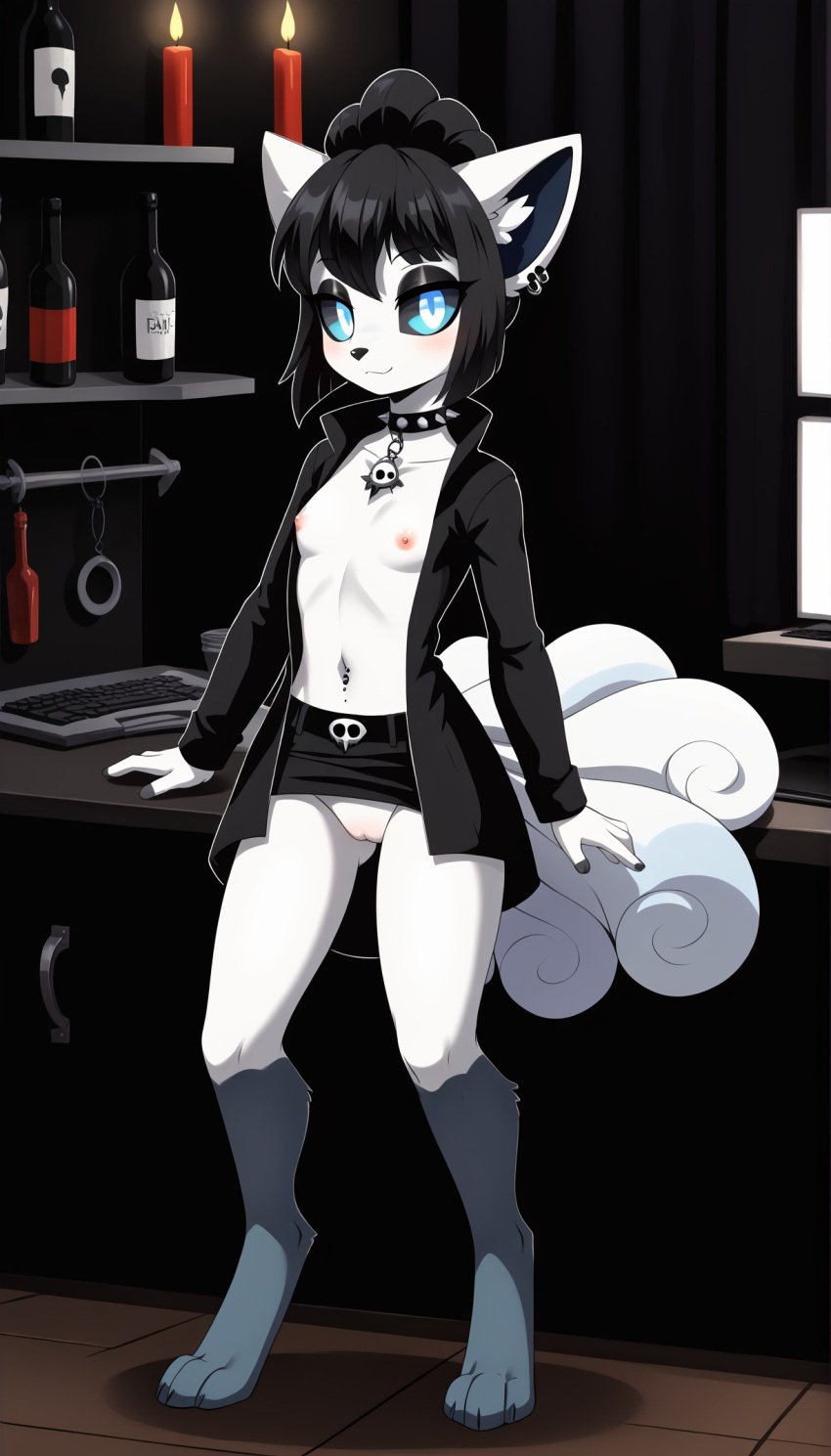 1girls 2024 ai_generated alolan_vulpix anthro black_hair black_sclera blue_fur blue_sclera blush breasts coat collar dark_room digitigrade ear_piercing female female_only floating floating_candle generation_1_pokemon generation_7_pokemon goth goth_girl hi_res indoors inner_ear_fluff innie_pussy looking_at_viewer multiple_tails nintendo pink_nipples pokemon pokemon_(species) pussy skirt skirt_up small_breasts spiked_collar two_tone_sclera vulpix white_fur