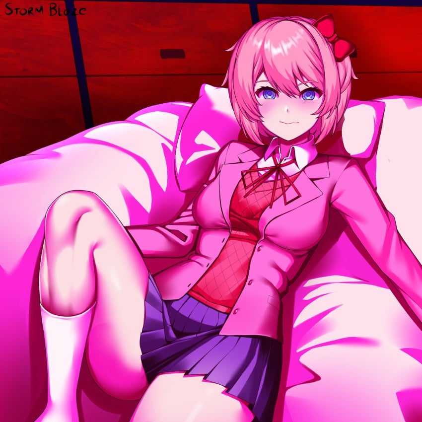 bedroom_eyes before_sex blush blush doki_doki_literature_club imminent_sex looking_at_viewer on_back on_bed sayori_(doki_doki_literature_club) stormblaze76