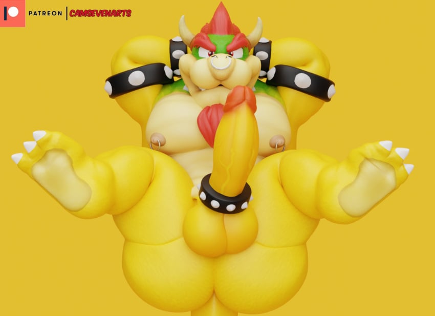 1boy abs anthro ass balls biceps boner bowser breasts camseven cock cock_ring dick evil feet glans hair hands_behind_head hands_behind_neck lying_on_back male male_only mario_(series) muscular naked nintendo nose_ring pecs penis posing_at_viewer scales shell_less spike_rings tail tit_piercings triceps yellow