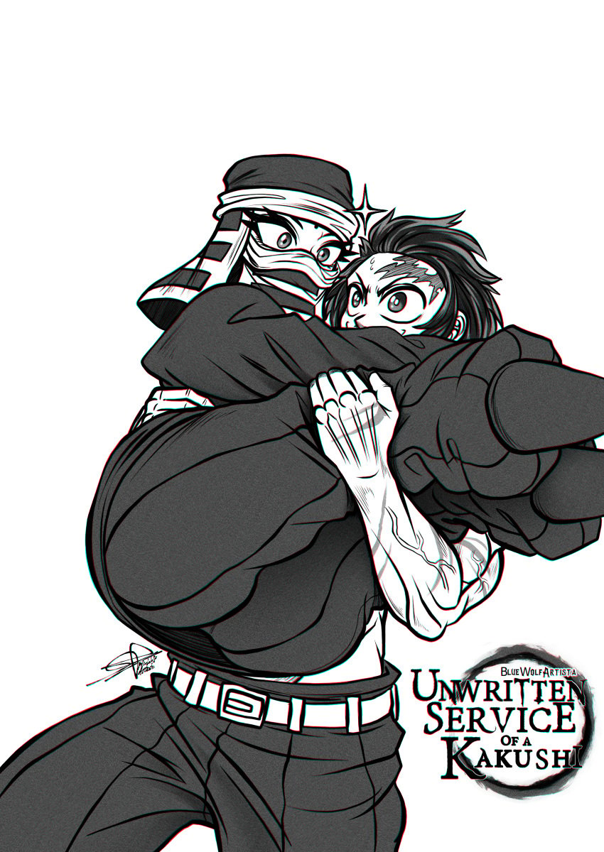 ass big_ass big_butt black_and_white bluewolfartista carrying demon_slayer kakushi_(kimetsu_no_yaiba) kamado_tanjirou kimetsu_no_yaiba masked masked_female muscles muscular_male scar_on_arm scar_on_chest simple_background tanjiro_kamado