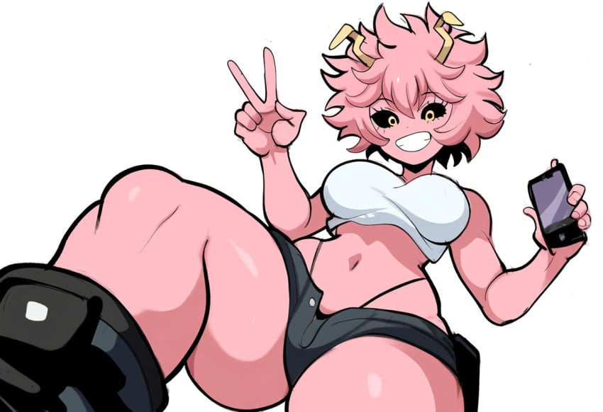 1girls ai_generated ashido_mina big_breasts female from_below grin mina_ashido mullon my_hero_academia novelai phone pink_hair smile superheroine thick_thighs thong