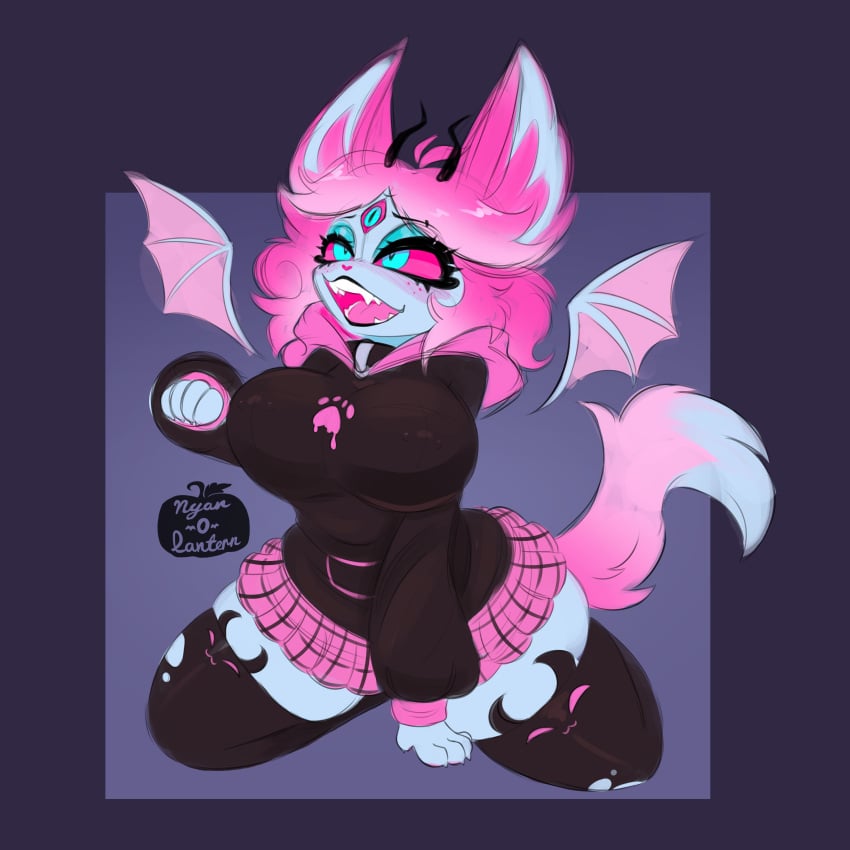 3_eyes blue_body blue_eyes breasts cat_ears cat_tail catgirl demon demon_girl demon_horns emberlynn_pinkle emberlynn_pinkle_(demon_form) eyeshadow hellaverse helluva_boss hoodie large_breasts monster_girl nyan_o_lantern(artist) pink_hair pink_sclera plaid_skirt sharp_teeth skirt thick_thighs thighhighs thighs wings