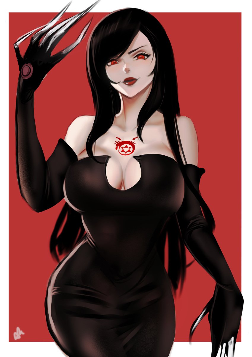 1girls arialla_draws big_breasts black_dress black_hair breasts claws cleavage dress elbow_gloves female final_fantasy_vii fullmetal_alchemist hi_res lipstick long_hair looking_at_viewer lust_(fullmetal_alchemist) pale_skin red_eyes smile smirk solo tattoo tifa_lockhart