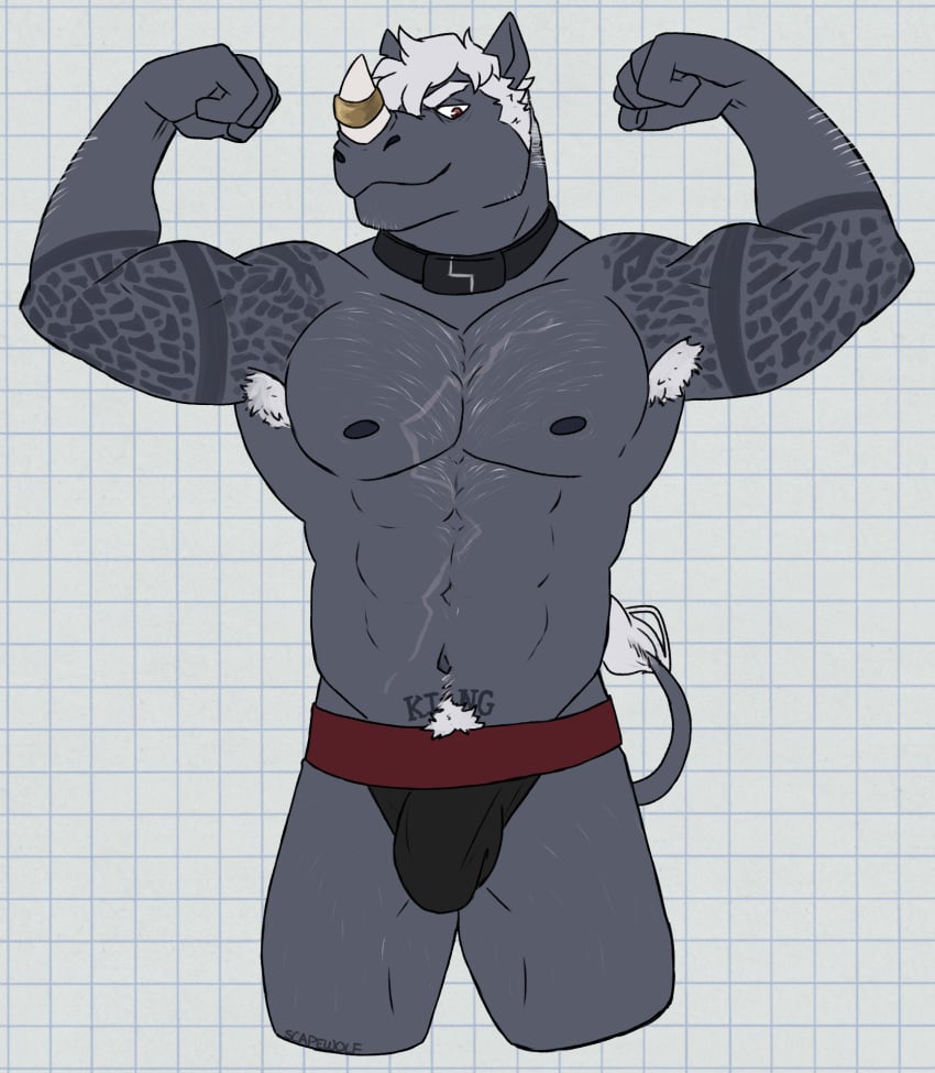 1boy 2024 abs accessory anthro arm_hair arm_tattoo armpit_hair biped black_clothing black_underwear body_hair bulge checkered checkered_background chest_hair chest_scar clothed clothing collar detailed_bulge digital_drawing_(artwork) digital_media_(artwork) eyebrows fist flexing furgonomics genital_outline grey_body grey_nipples hair happy_trail hi_res horn horn_accessory jockstrap jockstrap_only king_(remember_the_flowers) looking_down male male_anthro male_only mammal multicolored_clothing multicolored_underwear muscular muscular_anthro muscular_male nipples partially_clothed partially_clothed_male pattern_background pecs penis_outline portrait red_eyes remember_the_flowers rhinoceros scar simple_background solo standing tattoo three-quarter_portrait topless underwear underwear_only unsafescapewolf white_background white_eyebrows white_hair white_horn white_sclera