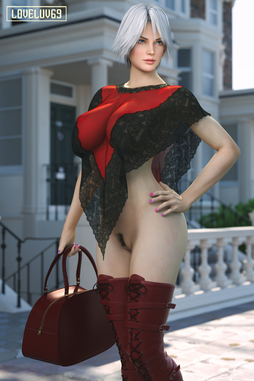 3d busty christie_(doa) dead_or_alive female female_focus female_only grey_hair hourglass_figure loveluv69 pinup pinup_pose tagme white_hair wide_hips