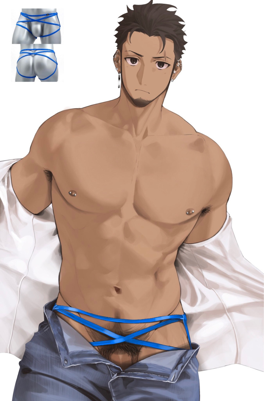 1boy abs bara beard blue_ribbon cowboy_shot dark-skinned_male dark_skin facial_hair full_beard goburin_second harumi_(goburin_second) highres large_pectorals looking_at_viewer male_focus male_pubic_hair muscular navel navel_hair nipple_piercing nipples open_pants original pants pectorals penis penis_peek piercing pubic_hair reference_inset ribbon sanpaku shirt_partially_removed short_hair solo solo_male standing stomach thick_eyebrows undressing