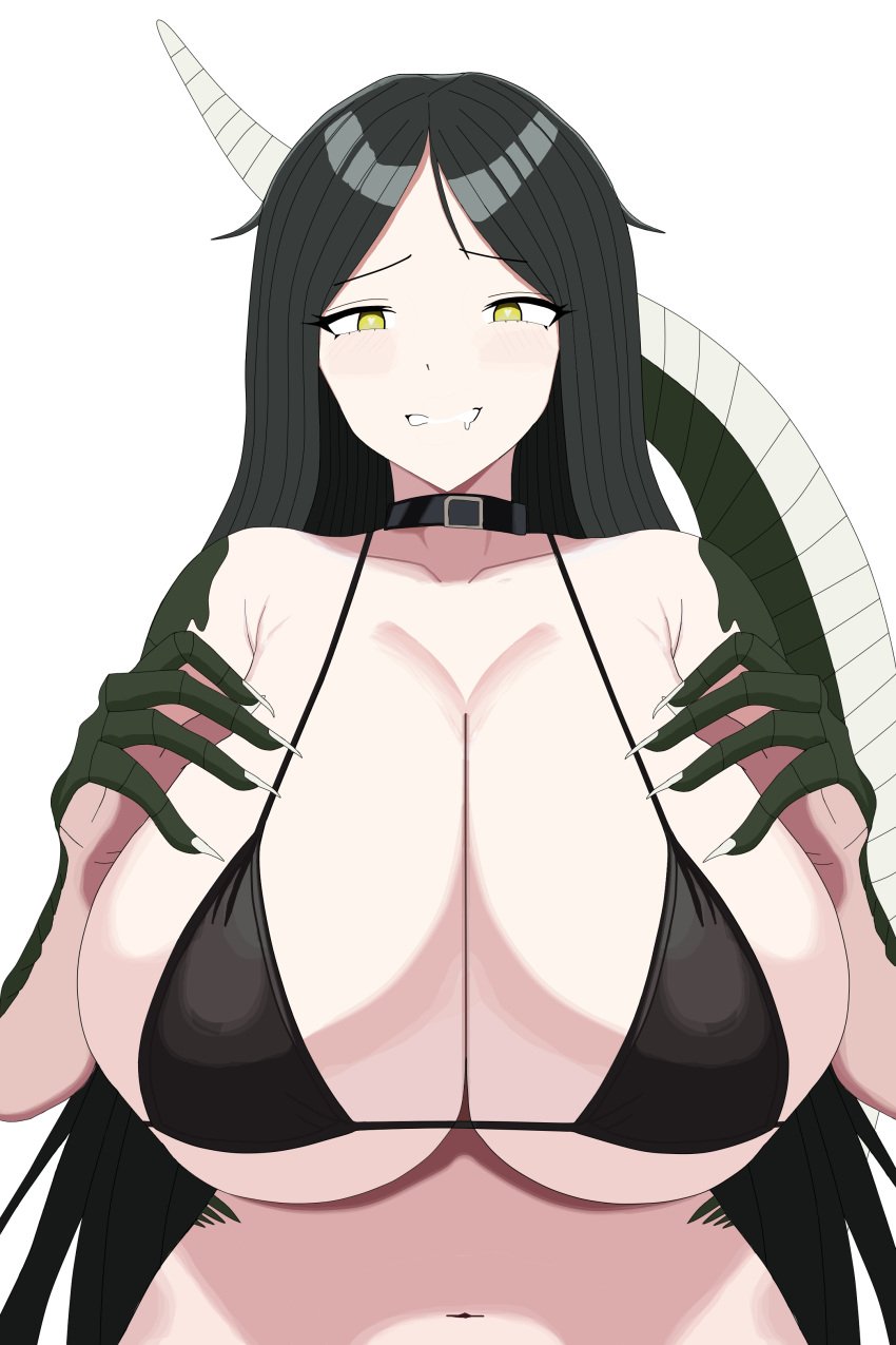 1girls absurdres bikini black_bikini black_hair breasts cleavage female highres huge_breasts long_hair looking_at_viewer reptilia_queen scp-682 scp_foundation smile solo swimsuit yellow_eyes