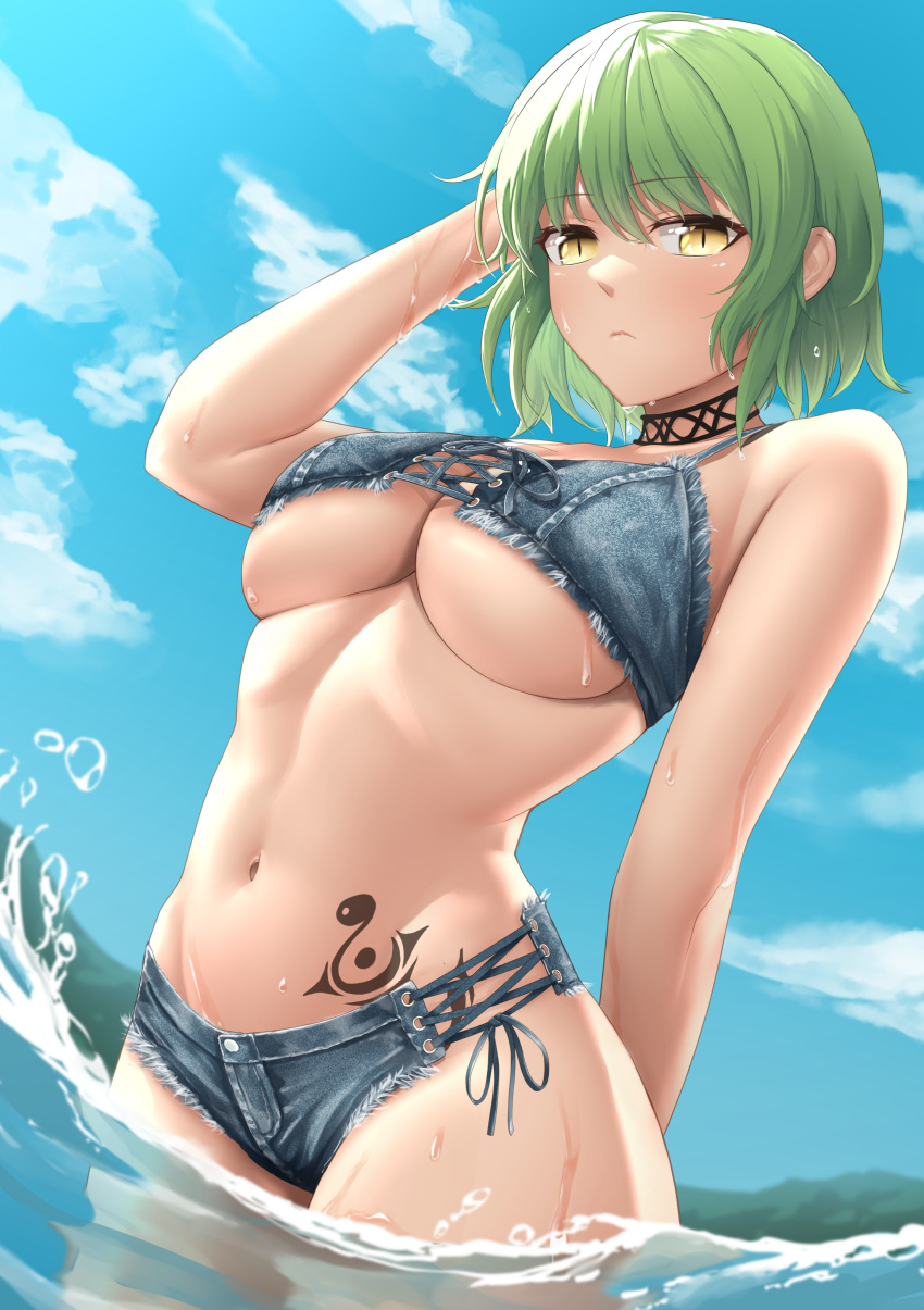 beach big_breasts bikini blue_sky breasts choker cleavage clouds denim_bikini dissappointed_look frown green_hair hand_behind_back hand_on_head hikage_(senran_kagura) large_breasts looking_at_viewer looking_down midriff sea seaside senran_kagura senran_kagura_(series) tattoo underboob water wet yellow_eyes zib_(boriku)