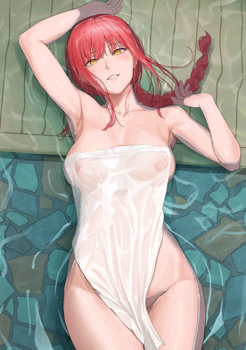 1girls ano_(gccx8784) armpits barely_covered bathing big_breasts braided_ponytail chainsaw_man collarbone female female_only light-skinned_female looking_at_viewer makima_(chainsaw_man) nipples nipples_visible_through_clothing nude_cover onsen partially_submerged red_hair ringed_eyes see-through sidelocks smile solo thick_thighs towel wet