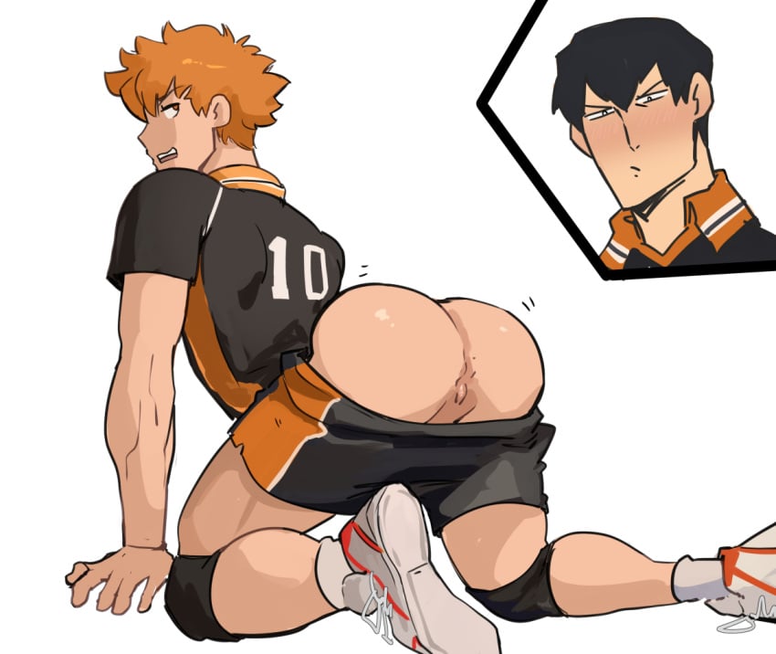 ass ass_focus bubble_ass bubble_butt fraternity haikyuu!! kageyama_tobio kaito_draws lad looking_back male male_only muscular muscular_male pants_down shoes shoes_on showing_ass shoyo_hinata spreading temptation tempting tobio_kageyama yaoi