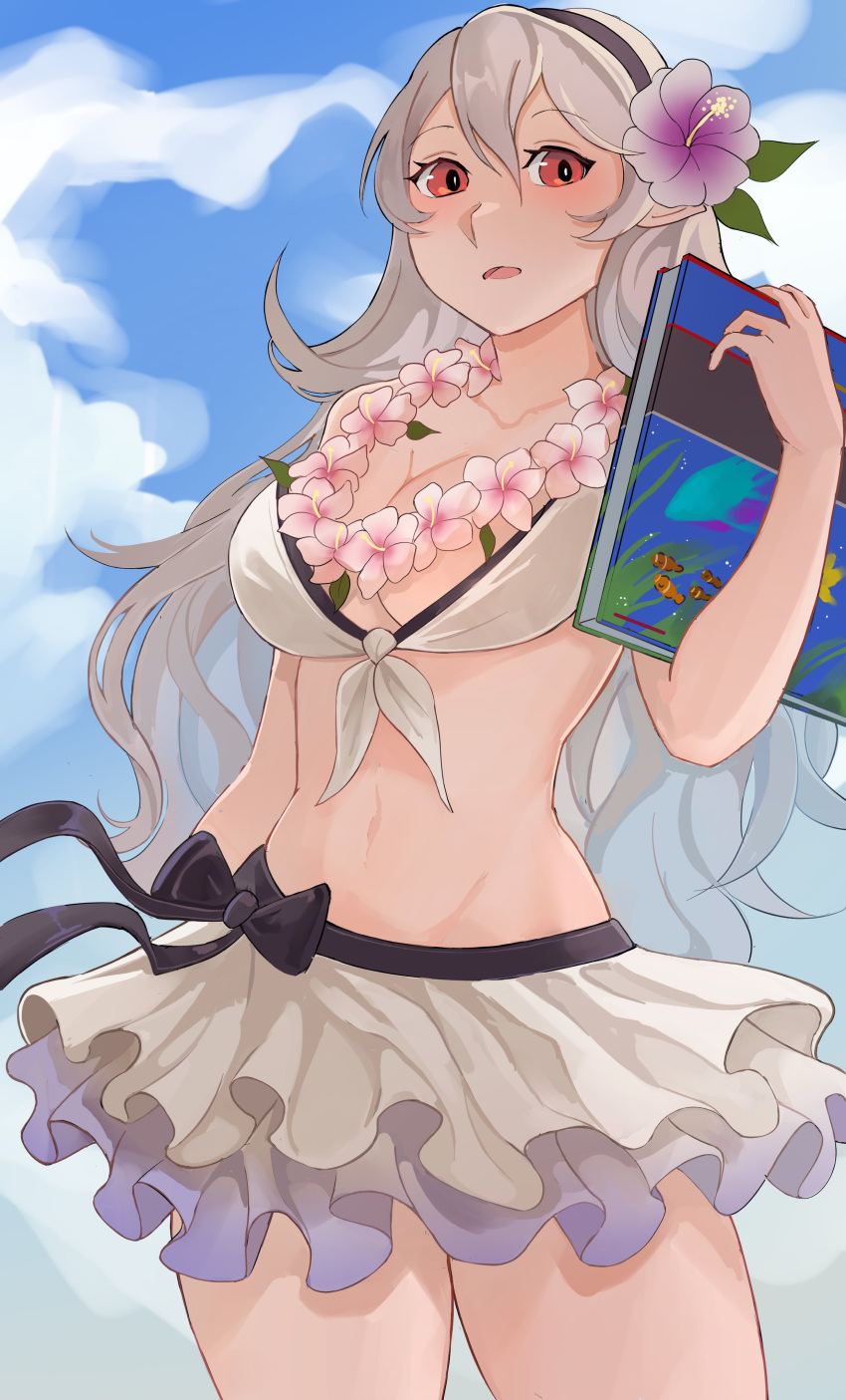 1girls alternate_costume bare_arms bare_midriff bare_thighs bellfonts bikini bikini_skirt book cleavage corrin_(female)_(summer)_(fire_emblem) corrin_(fire_emblem) corrin_(fire_emblem)_(female) female female_only fire_emblem fire_emblem_fates fire_emblem_heroes flower flower_necklace grey_hair hair_between_eyes hair_flower hairband long_hair looking_at_viewer midriff nintendo official_alternate_costume open_mouth outdoors pointy_ears red_eyes solo swimsuit thighs very_long_hair white_bikini white_swimsuit